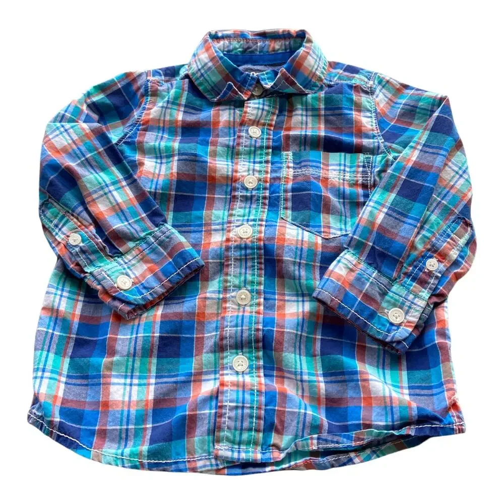 OshKosh Orange Blue Aqua Plaid Dress Shirt 2T‎ Long Sleeve Spring Easter Fall